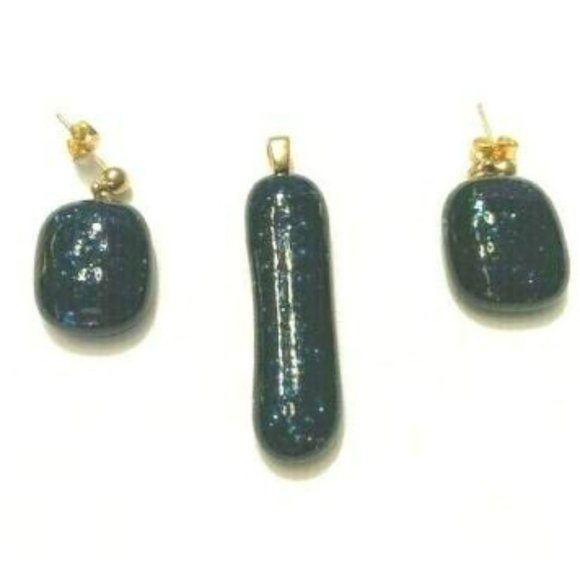 "Handmade" 3 Piece "Wrapped in Blue" - Dichoric Glass Earrings & Pendent-JM007 - Picture 1 of 5